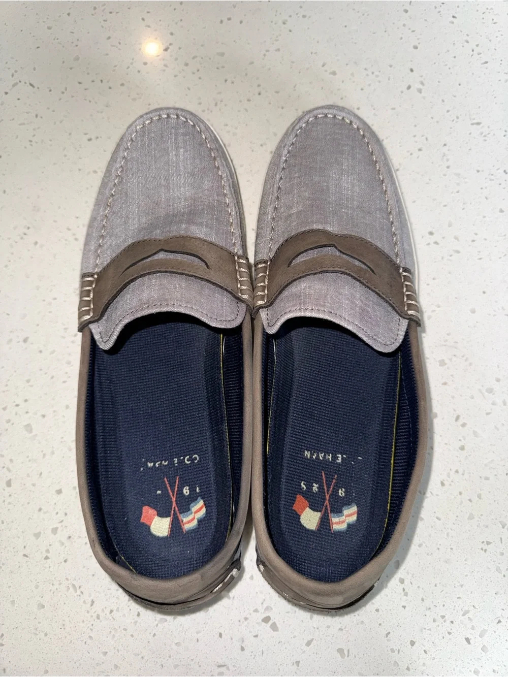 Cole Haan Gray Fabric Slip-On Loafers with Brown Trim